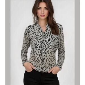 Express Cream Black Leopard Print Long Sleeve Ruffle Neck Silky Blouse L